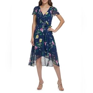 DKNY Faux Wrap Floral Chiffon Dress - Navy